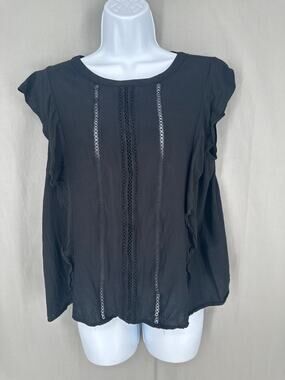 Loft Top Womens Large Black Ruffle Crochet Boho Cottage Summer